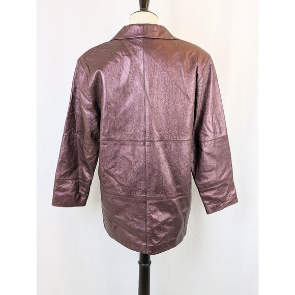 Womens Vintage Metallic Mauve Leather Jacket Ladies Small 1990s 3/4 Sleeve Coat - Picture 8 of 10
